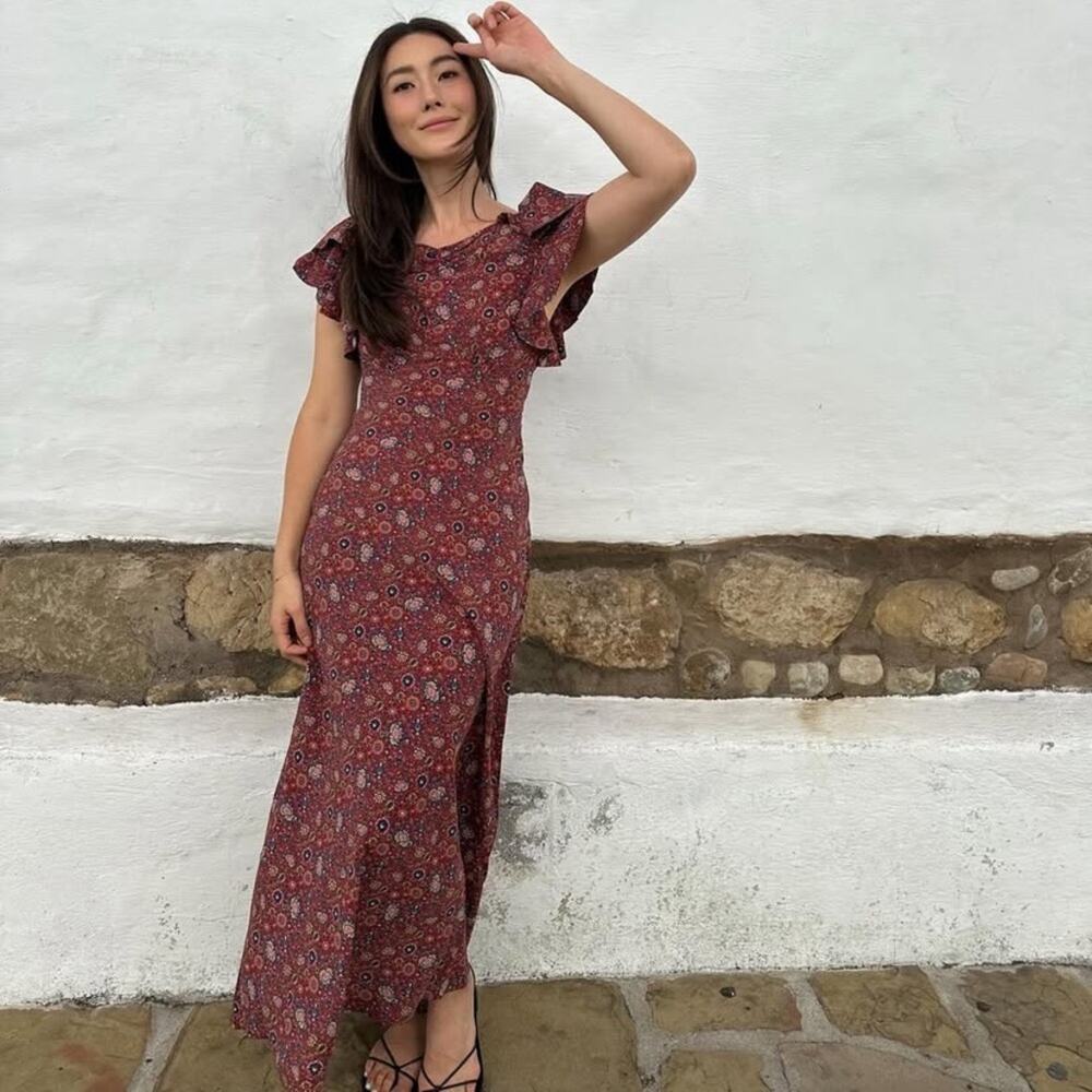NWT Doen Beatriz Silk Ruffle Short Sleeve Maxi Dress Rouge Adaline Medallion - Picture 6 of 16